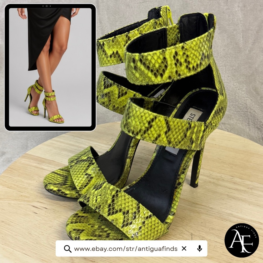 Steve Madden Mira Neon Yellow Snakeskin Print Stiletto Ankle Strap Sandals 6.5